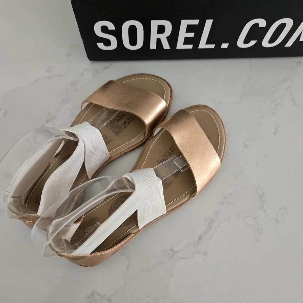 Sorel Ella Elastic Ankle Strap Gladiator Sandal Rose Gold Metallic Leather 6.5 - Picture 3 of 6